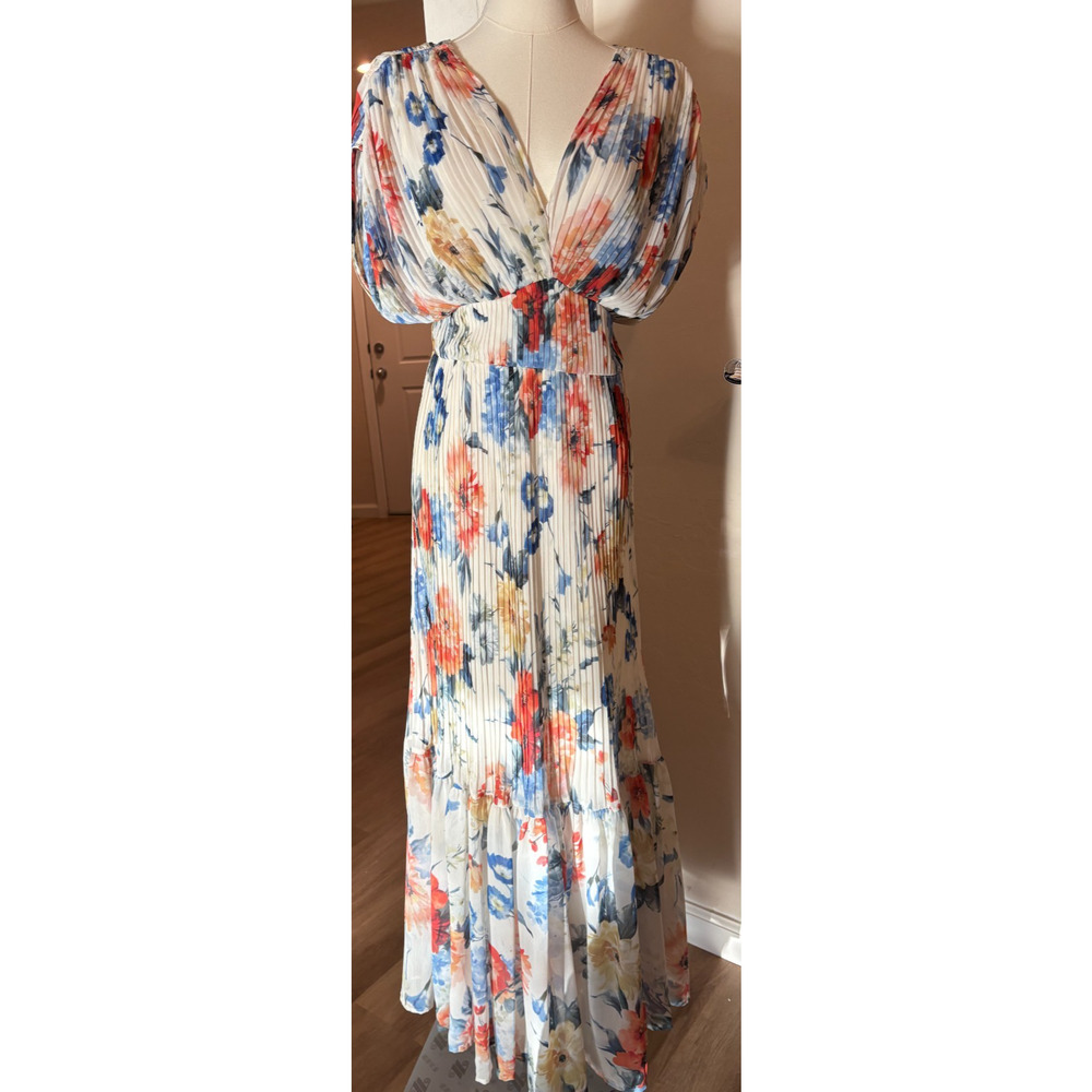 Express Floral Draped Sleeve Pleated Maxi Dress V-Neck Boho Chiffon Size XS 0-4 - Picture 3 of 6